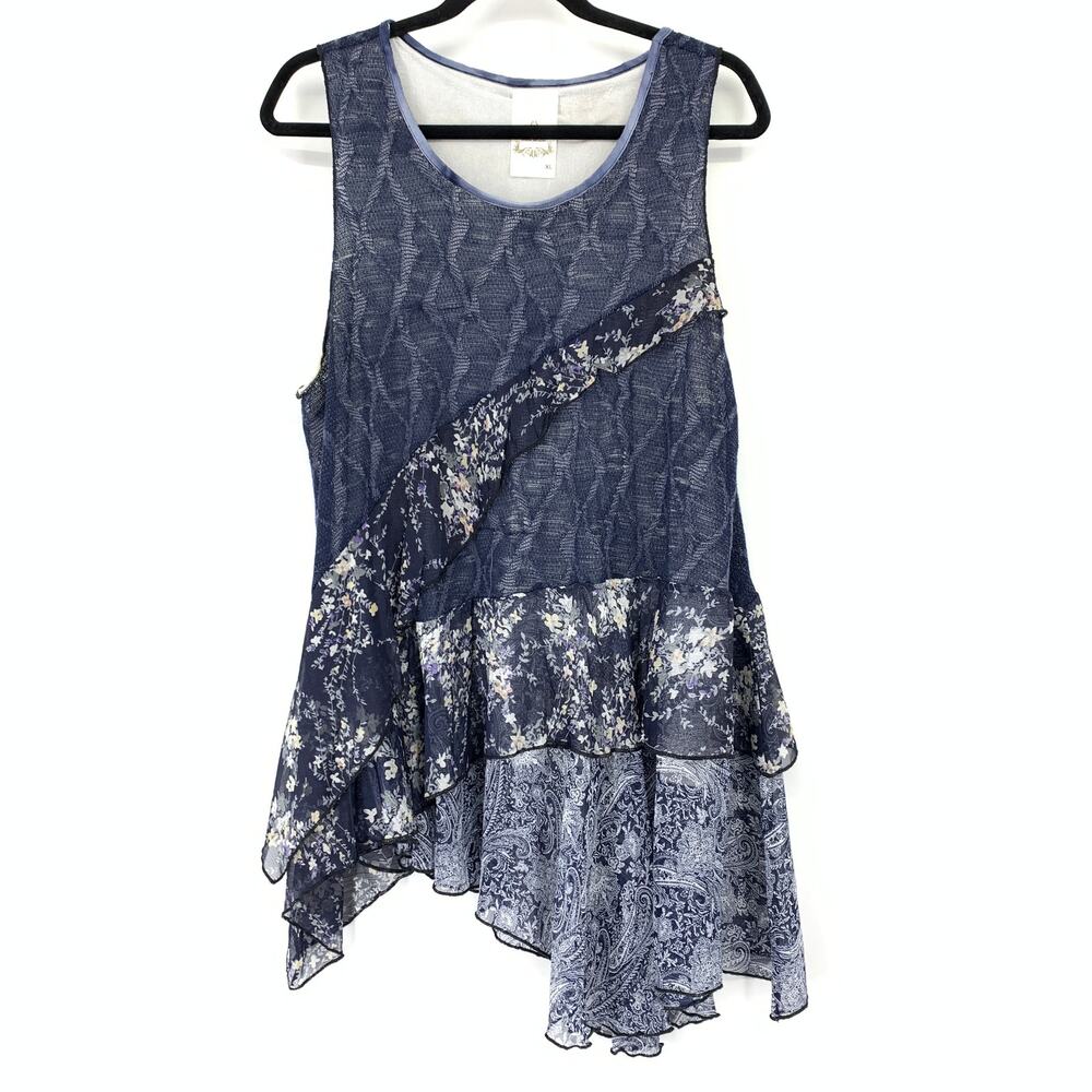 Fleur de Lis Top Womens XL Blue Floral Paisley Mesh Ruffle Handkerchief Hem